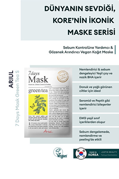 Ariul 7 Days Mask Green Tea S - Sebum Kontrolüne Yardımcı & Gözenek Arındırıcı Vegan Kağıt Maske