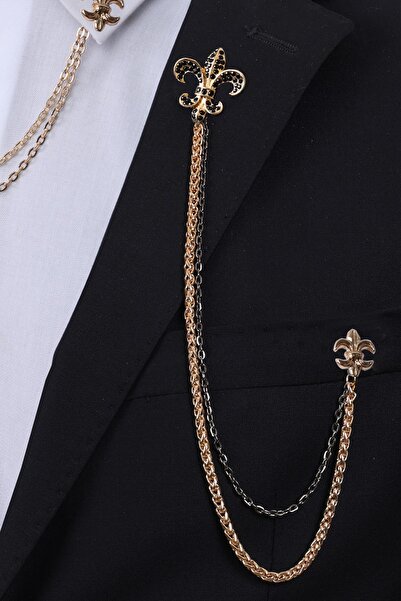 Esgue Gold Renk Taşlı Kraliyet Zambağı Ceket & Gömlek Zincirli Yaka Broş Seti