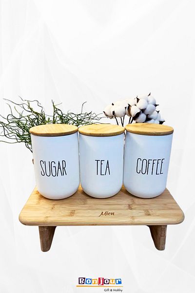 Bonjour Gift & Hobby Set of 3 Large 3 Small Glass Duo Jars Spice Rack + Rectangular Footed Cutting Board