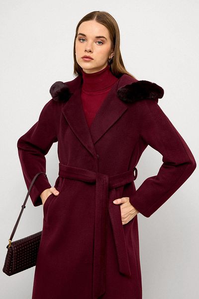 Olcay Fur Hooded Waist Tie Long Coat Murdum 3107