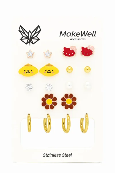 MakeWell Steel Hello Kity Unicorn Kuromi Teddy Bear Rose Rabbit Daisy Figures Steel Hoop Earrings Sets