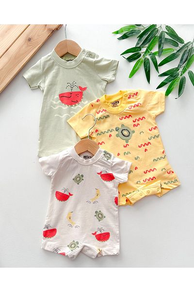 hümabebe Sea Creatures Pattern Summer 3-Piece Jumpsuit Set with Snap Fasteners on the Shoulder and Bottom