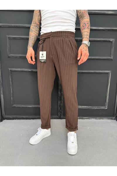 KağanKY Smeđe bele Prugasto Nabrano pantalone od boyfriend tkanine
