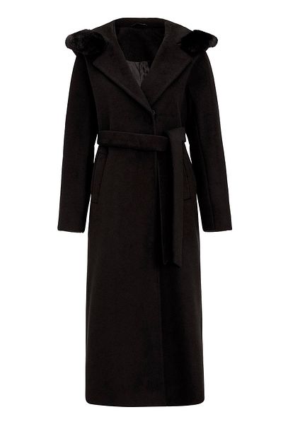 Olcay Fur Hooded Waist Tie Long Coat Black 3107