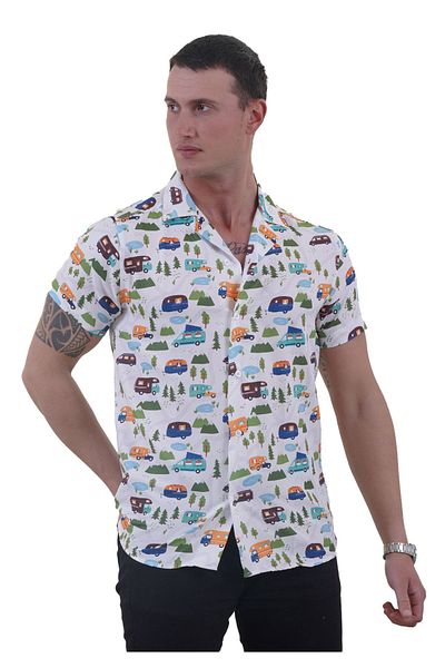 Exve Exclusive Orange Blue Green Camping Caravan Nature Themed Hawaiian Apaş Collar Relaxed Fit Short Sleeve Loose Shirt