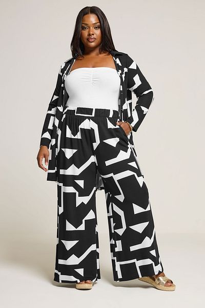 Stil Diva Plus Size Elastic Waist Abstract Patterned Wide Leg Trousers with Pockets 304089
