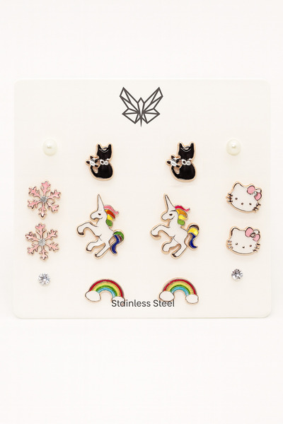 MakeWell Hello Kity Unicorn Kuromi Cat Snowflake Cat Rainbow Flower Lemon Cloud Figured Earring Sets
