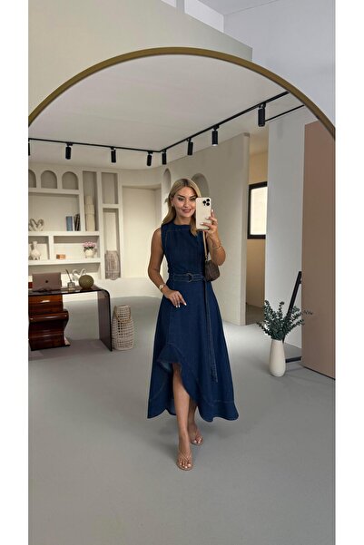 Sezgi Tekin Asimetrik Volanlı Lacivert Denim Elbise