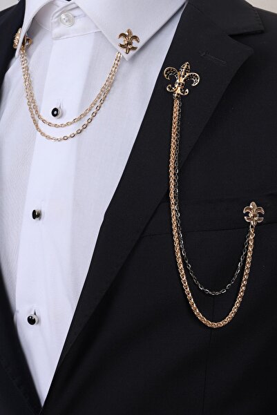 Esgue Gold Renk Taşlı Kraliyet Zambağı Ceket & Gömlek Zincirli Yaka Broş Seti