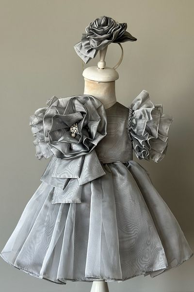 Mialora Special Design Girl's Dress, Flower and Pearl Detail, Ruffle Sleeves, Crown Accessories