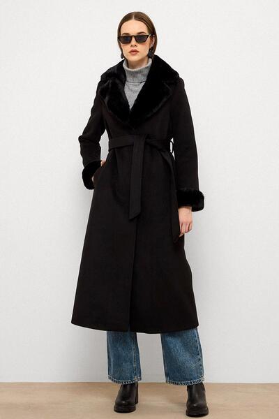 Olcay Jacket Collar and Sleeves Detachable Fur Long Coat Black 3088