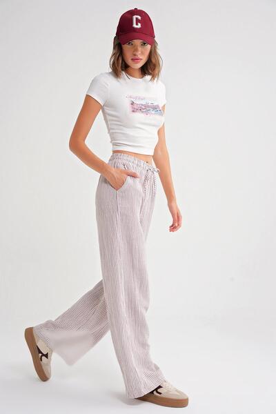 Mixray 4729 Women's Thin Striped Palazzo Loose Fit Muslin Trousers Burgundy