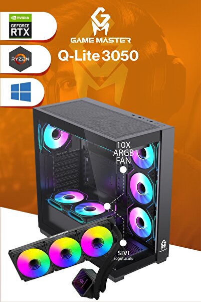 GM Game Master QLite 3050 R5 5600 CPU 32GB DDR4 RAM 512GB M.2 RTX3050 10x ARGB Fan Sıvı Soğutuculu Siyah Gaming Pc
