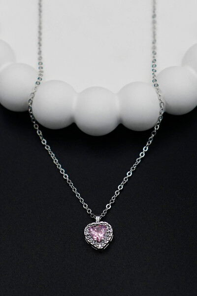 TREND COLLECTİON Zirkon Taşlı Kalp Charm Model Pembe Renk Kadın Kolye Ve Bileklik Set