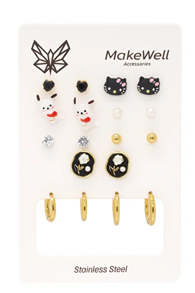 MakeWell Steel Hello Kity Unicorn Kuromi Teddy Bear Rose Rabbit Daisy Figures Steel Hoop Earrings Sets
