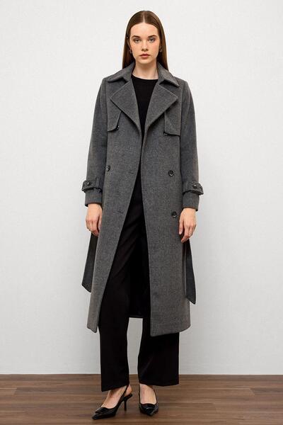 Olcay Double Breasted Coat with Cape Detail Dark Gray 3091