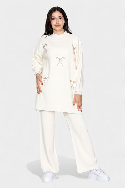 NEWCO Chic Ribbon Stone Embroidered Women's Double Knitwear Suit Loose Fit Long Sleeves and Comfortable Pants