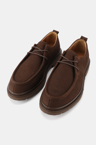 TUNAELLİ Men's Brown Nubuck Khaki Natural Leather Lace up Shoes