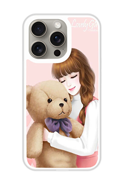 Theodor غطاء حماية لهاتف أبل آيفون 15 برو، فتاة جميلة مع دب (مصد أبيض)