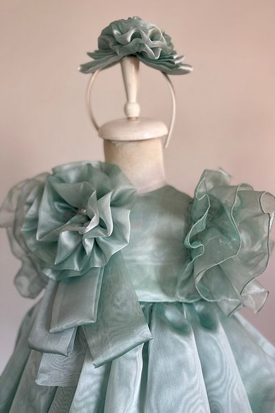 Mialora Special Design Girl's Dress, Flower and Pearl Detail, Ruffle Sleeves, Crown Accessories