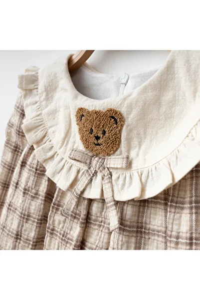 My Lusa baby wear Teddy Bear Embroidered Plaid Baby Girl Dress