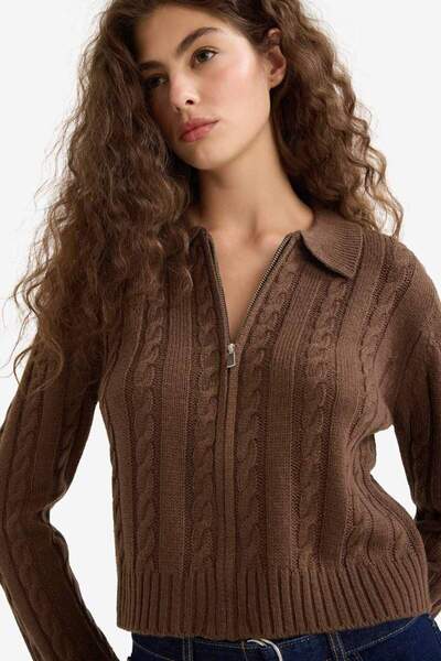 DeFacto New Season Regular Fit Polo Neck Zippered Knitwear Cardigan
