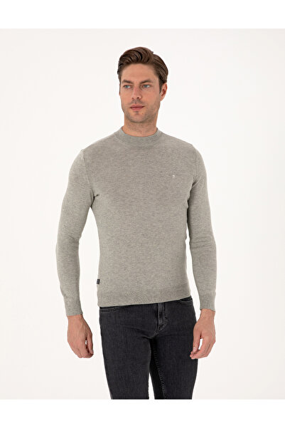 Pierre Cardin Açık Gri Melanj Slim Fit Çeyrek Yaka Basic Triko Kazak 50314188-VR091