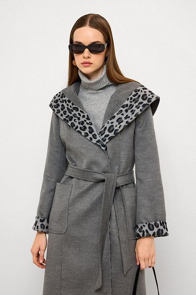 Olcay Hooded Leopard Pattern Garnished Bag Pocket Coat Dark Gray 3123