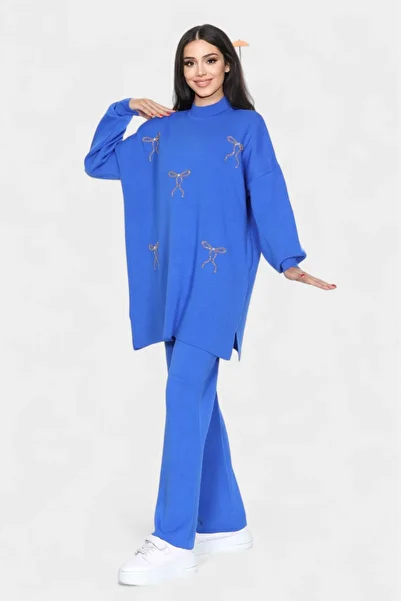 NEWCO Chic Ribbon Stone Embroidered Women's Double Knitwear Suit Loose Fit Long Sleeves and Comfortable Pants