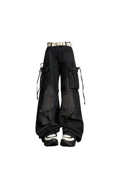 Rbgstore Kadın Siyah Gotik Şalvar Kargo Kot Yıldızlı Harajuku Y2k pantolon