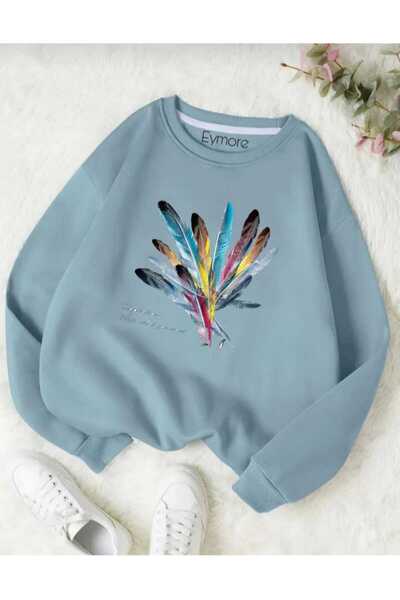 KOZİA OUTDOORS renkli tüy baskılı oversize unisex basic sweatşhirt