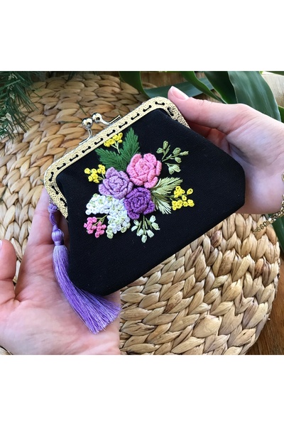 Home Mini Wallet Black Linen with 3D Rococo Technique Treatment of 15X10 Dimensions. 100% Handwork