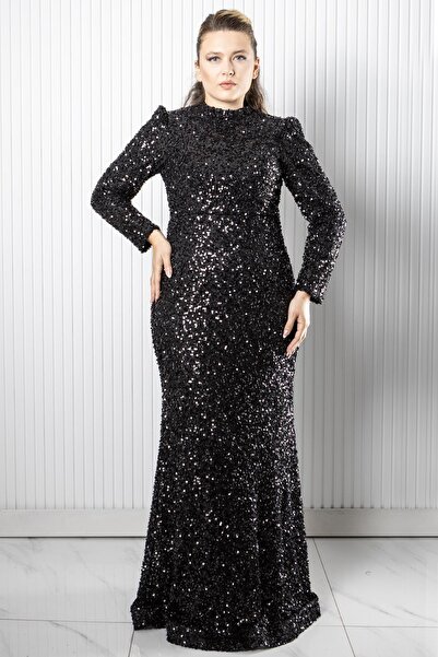 Modaviki Payetli Balık Abiye Siyah AHN272