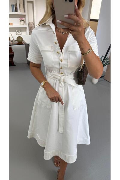 Sezgi Tekin Sewing Detail Half Sleeve Ecru Bell Denim Dress