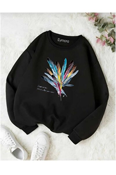 KOZİA OUTDOORS renkli tüy baskılı oversize unisex basic sweatşhirt