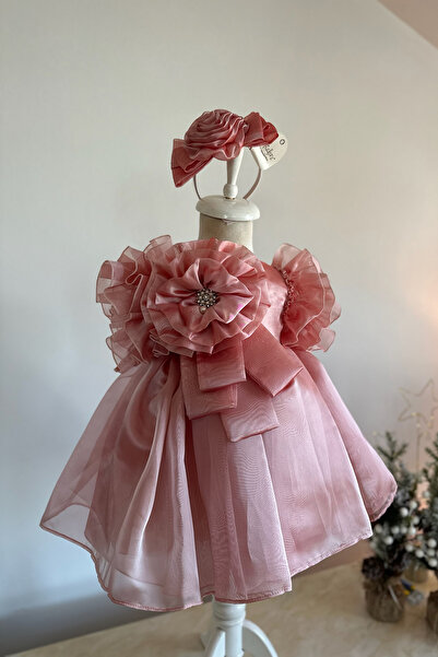 Mialora Özel Tasarım Kız Çocuk Elbise, Çiçek Ve İnci Detaylı, Kolu Fırfırlı, Taç Aksesuarlı