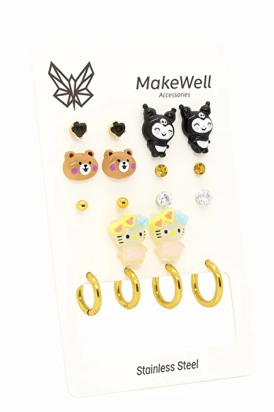 MakeWell Steel Hello Kity Unicorn Kuromi Teddy Bear Rose Rabbit Daisy Figures Steel Hoop Earrings Sets