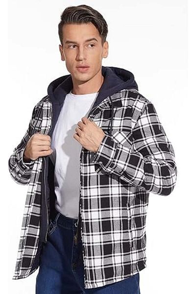 Kefitevd Padded shirt, jacket type, checked, with zipper and snap pockets, Black-white S