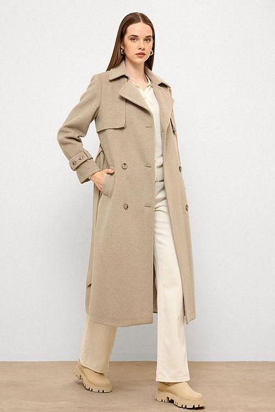 Olcay Double Breasted Coat with Cape Detail Taş Melanj 3091