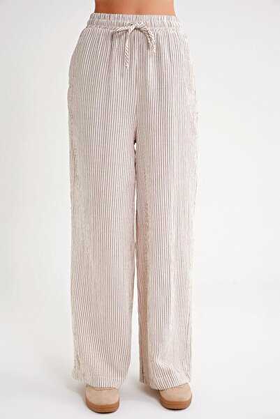 Mixray 4729 Women's Thin Striped Palazzo Loose Fit Muslin Pants Brown