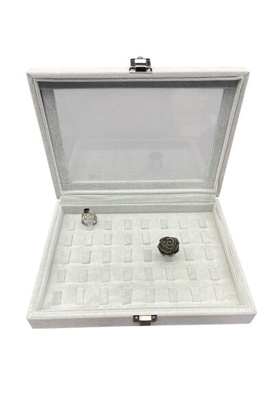 STAND MARKET Multi-Compartment Sausage Model Ring Box with Glass Lid - Alcantara Gray
