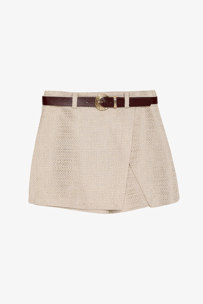 Quzu Fusta scurtă din tweed cu centură dublu Bej