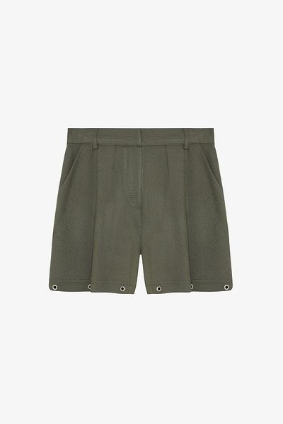 Quzu Front Pleated Mini Shorts with Bird's Eye Accessories Khaki