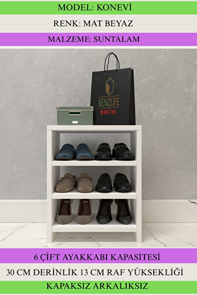 Kenzlife Ayakkabılık Konevi Mat Beyaz Suntalam 050*040*30 Altı Çift Ayakkabı Kapasitesi Arkalıksız