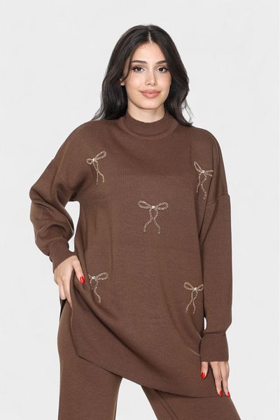 NEWCO Chic Ribbon Stone Embroidered Women's Double Knitwear Suit Loose Fit Long Sleeves and Comfortable Pants