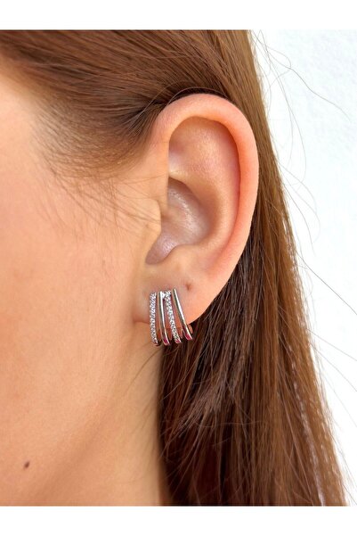 BY YASİN TOPÇU Steel Three Row Zircon Fan Earrings – Silver