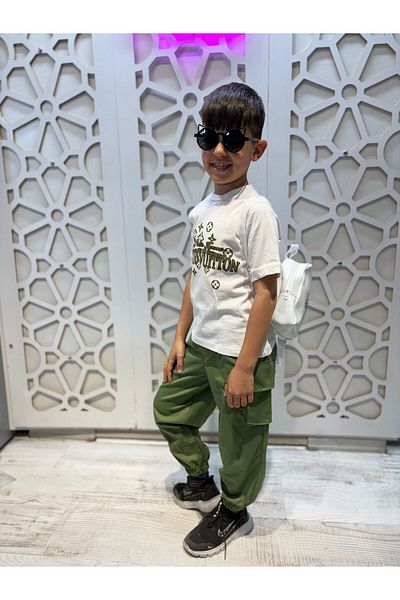 KUMRUNUN DÜNYASI White T-Shirt with Elasticated Cuffs Pants and Bag 3-Piece Bottom Top Set Unisex Girls and Boys