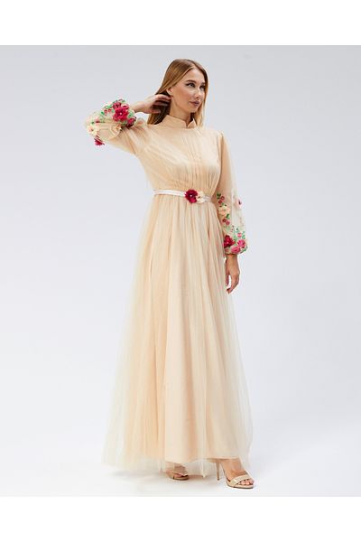 Asees Balloon Sleeve Tulle Flower Detail Embroidered Hijab Evening Dress