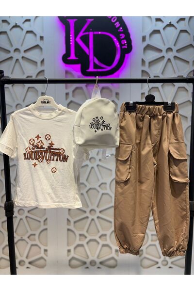 KUMRUNUN DÜNYASI White T-Shirt with Elasticated Cuffs Pants and Bag 3-Piece Bottom Top Set Unisex Girls and Boys