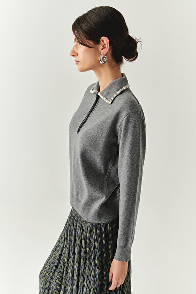 Exquise Long Sleeve Regular Knitwear Gray Blouse with Stone Collar